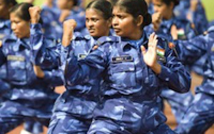 Female Indian peacekeeper drilling